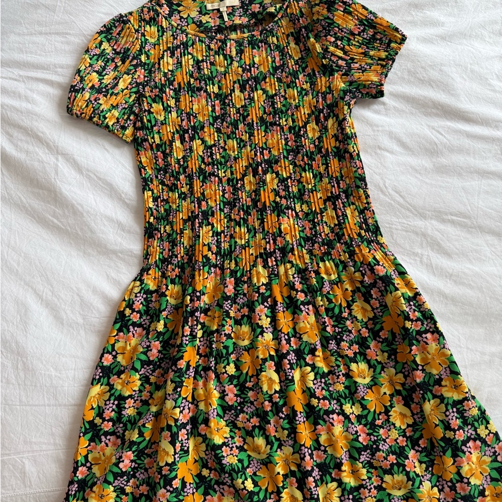 Maje Black Floral Midi Dress with Yellow & Pink Blooms